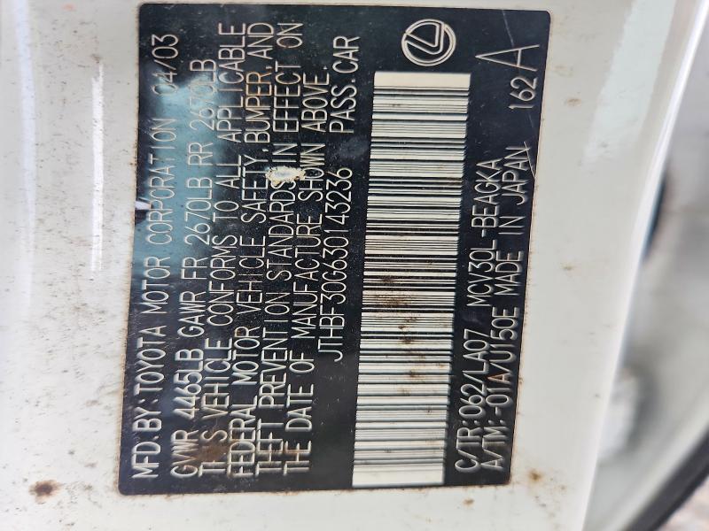 Aukcja sprzedaży 2003 Lexus Es, vin: JTHBF30G630143236, numer aukcji: 68648246