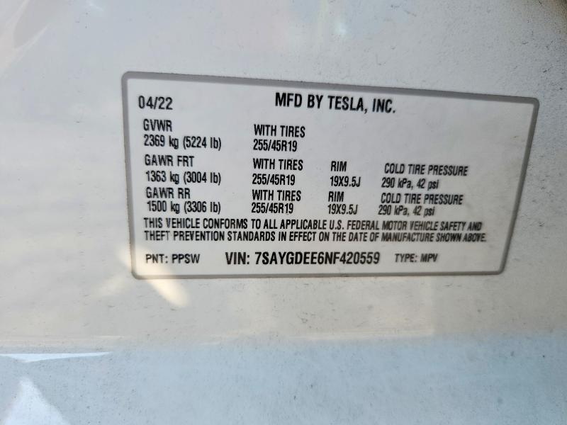 66913986 :رقم المزاد ، 7SAYGDEE6NF420559 vin ، 2022 Tesla Model Y مزاد بيع