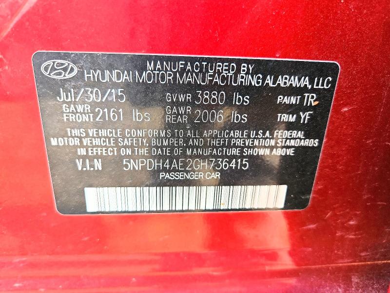 67453976 :رقم المزاد ، 5NPDH4AE2GH736415 vin ، 2016 Hyundai Elantra مزاد بيع