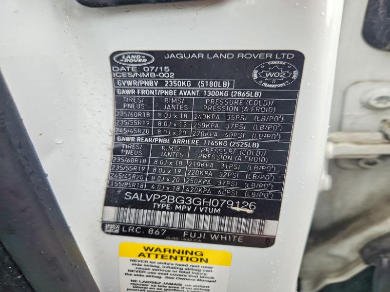 2016 Land Rover Range Rover Evoque მანქანა იყიდება აუქციონზე, vin: SALVP2BG3GH079126, აუქციონის ნომერი: 68151826