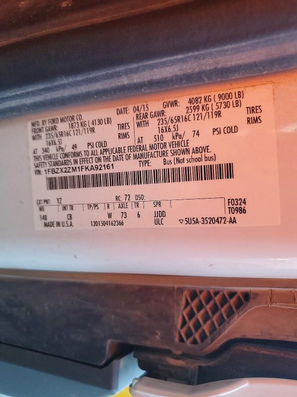2015 Ford Transit მანქანა იყიდება აუქციონზე, vin: 1FBZX2ZM1FKA92161, აუქციონის ნომერი: 68559036