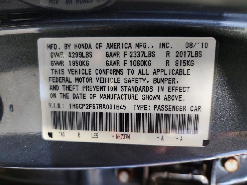Aukcja sprzedaży 2011 Honda Accord, vin: 1HGCP2F67BA001645, numer aukcji: 68449186