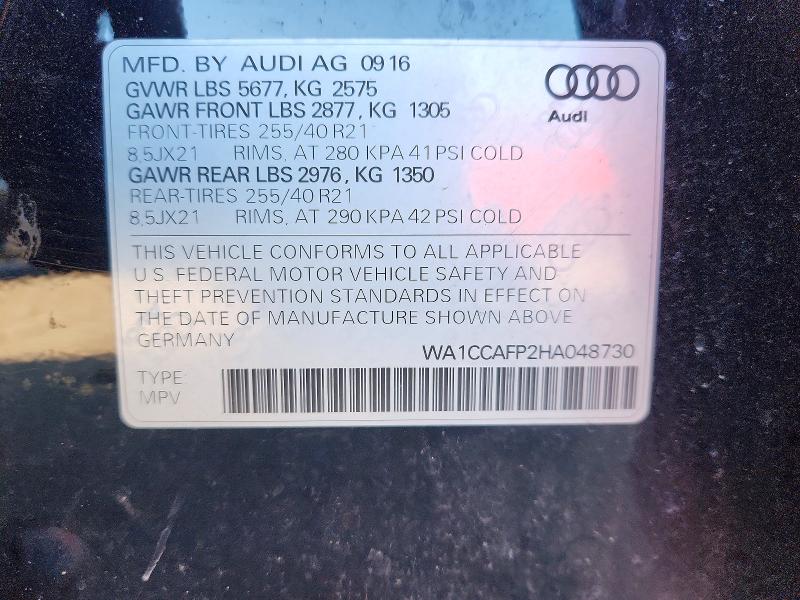 Продаж на аукціоні авто 2017 Audi Sq5, vin: WA1CCAFP2HA048730, номер лоту: 70181066