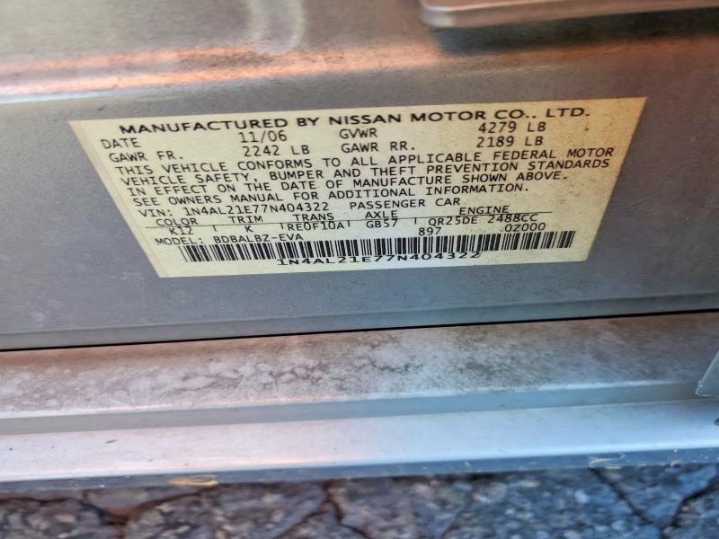2007 Nissan Altima მანქანა იყიდება აუქციონზე, vin: 1N4AL21E77N404322, აუქციონის ნომერი: 70459086