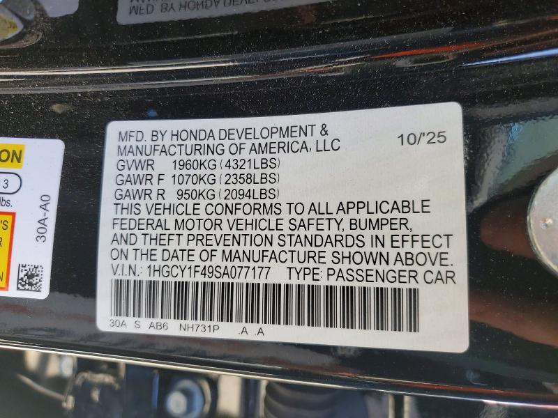 Aukcja sprzedaży 2025 Honda Accord, vin: 1HGCY1F49SA077177, numer aukcji: 66255836