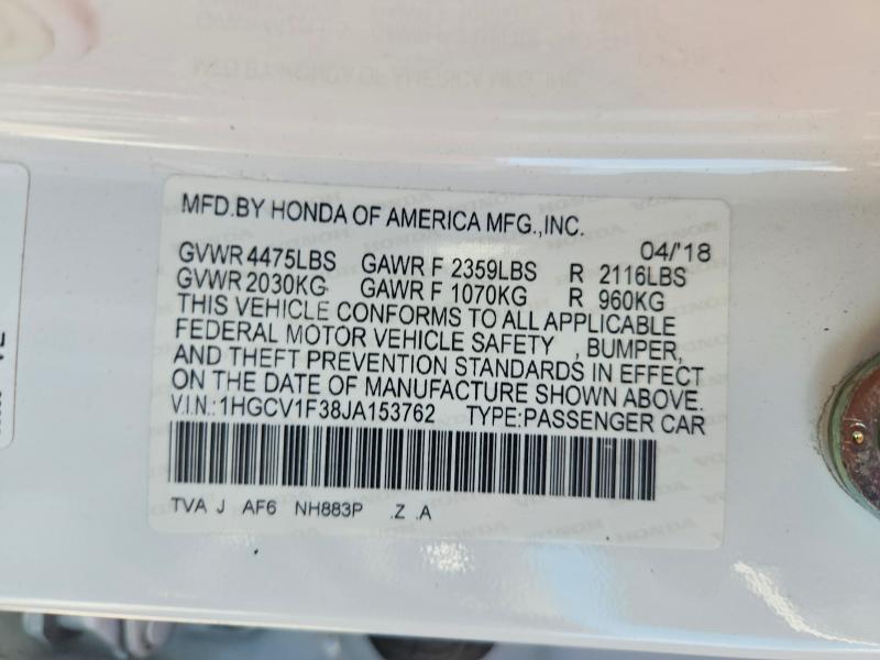 67320666 :رقم المزاد ، 1HGCV1F38JA153762 vin ، 2018 Honda Accord مزاد بيع