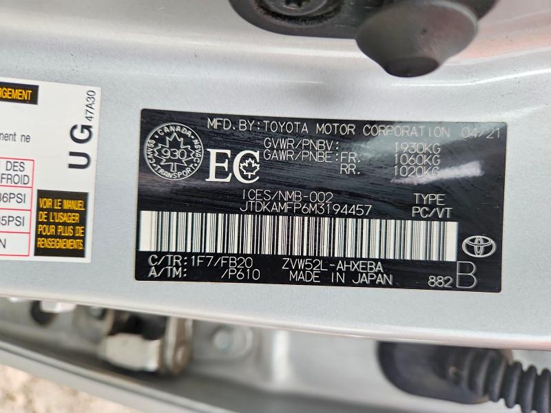 Aukcja sprzedaży 2021 Toyota Prius Prime, vin: JTDKAMFP6M3194457, numer aukcji: 66939566