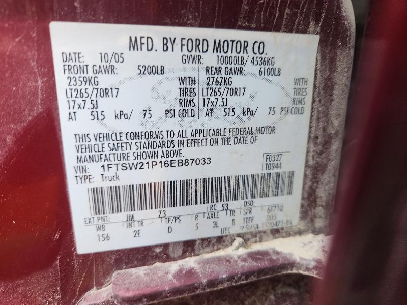68824106 :رقم المزاد ، 1FTSW21P16EB87033 vin ، 2006 Ford F250 مزاد بيع