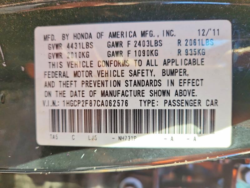 67063096 :رقم المزاد ، 1HGCP2F87CA062576 vin ، 2012 Honda Accord مزاد بيع