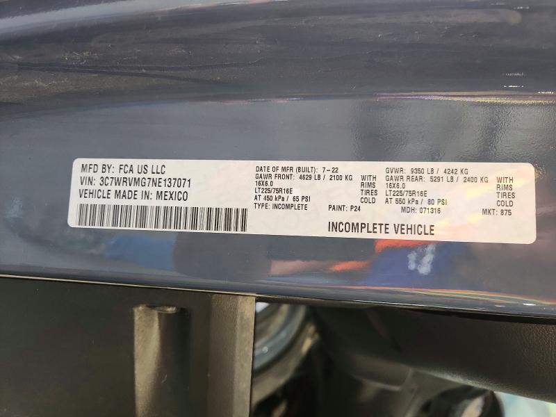 67793476 :رقم المزاد ، 3C7WRVMG7NE137071 vin ، 2022 Ram Promaster 3500 مزاد بيع