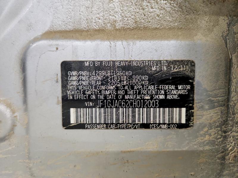 2012 Subaru Impreza მანქანა იყიდება აუქციონზე, vin: JF1GJAC62CH012003, აუქციონის ნომერი: 67614466