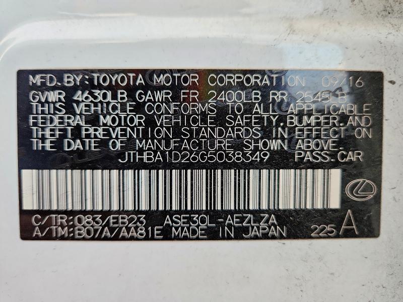 Продаж на аукціоні авто 2016 Lexus Is, vin: JTHBA1D26G5038349, номер лоту: 69303416