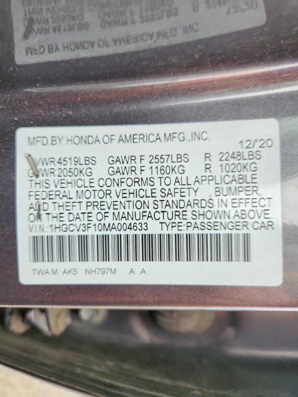 Продажа на аукционе авто 2021 Honda Accord, vin: 1HGCV3F10MA004633, номер лота: 68390326