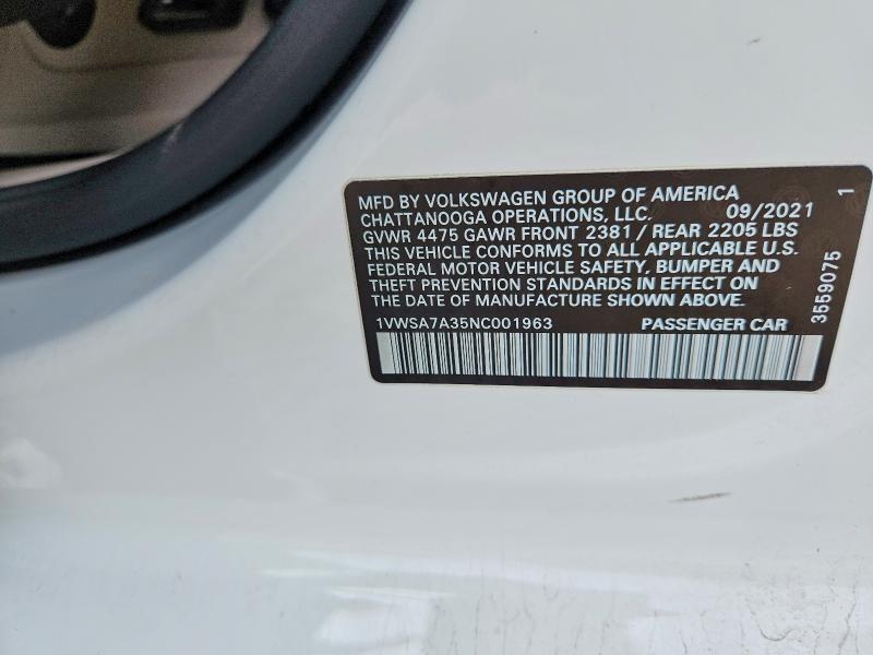 Aukcja sprzedaży 2022 Volkswagen Passat, vin: 1VWSA7A35NC001963, numer aukcji: 69744266