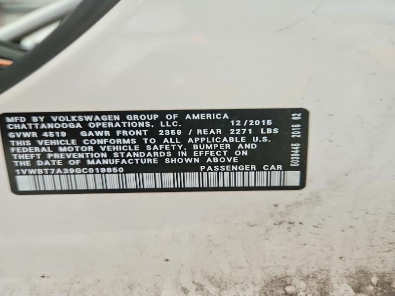 2016 Volkswagen Passat მანქანა იყიდება აუქციონზე, vin: 1VWBT7A39GC019850, აუქციონის ნომერი: 68404256