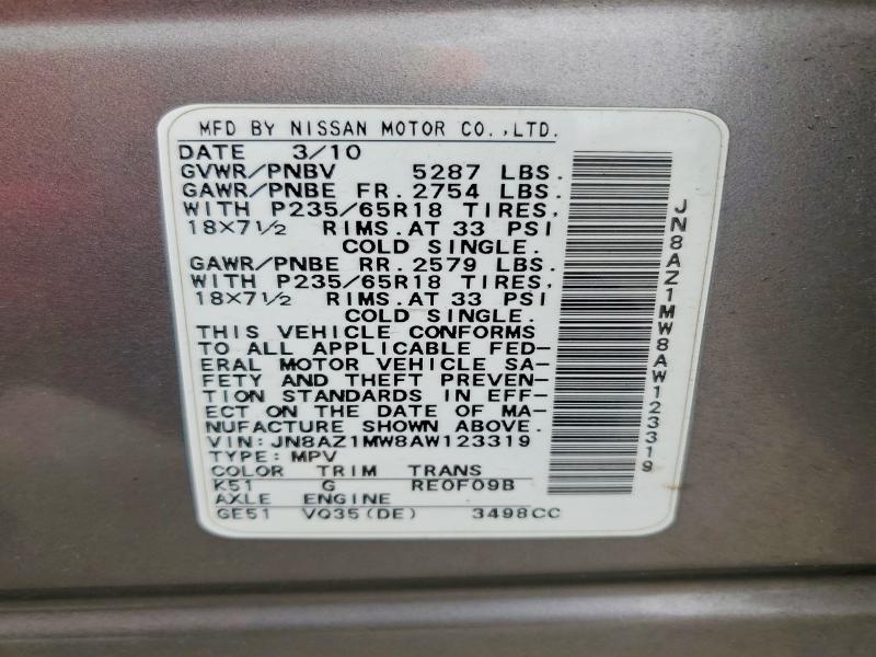 Продажа на аукционе авто 2010 Nissan Murano, vin: JN8AZ1MW8AW123319, номер лота: 70534936