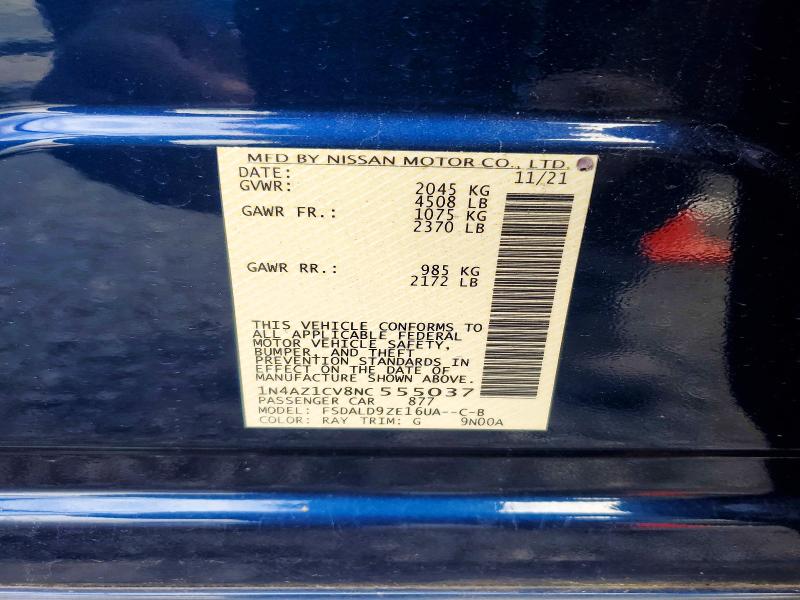 2022 Nissan Leaf მანქანა იყიდება აუქციონზე, vin: 1N4AZ1CV8NC555037, აუქციონის ნომერი: 70358526