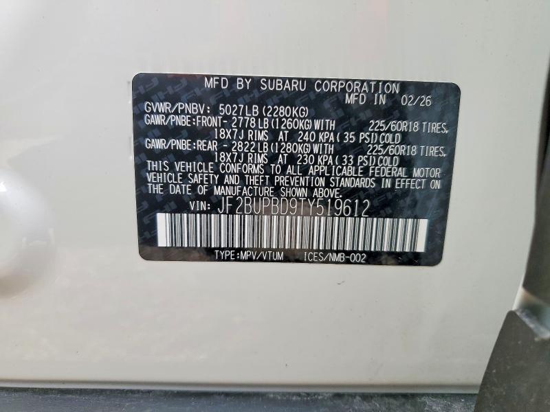 Aukcja sprzedaży 2026 Subaru Outback, vin: JF2BUPBD9TY519612, numer aukcji: 68606306