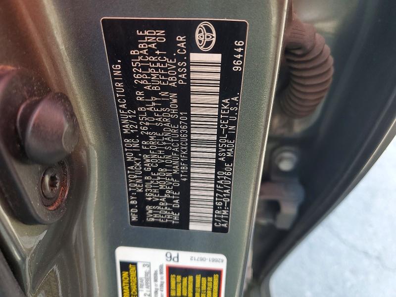 67443216 :رقم المزاد ، 4T1BF1FKXCU636701 vin ، 2012 Toyota Camry مزاد بيع