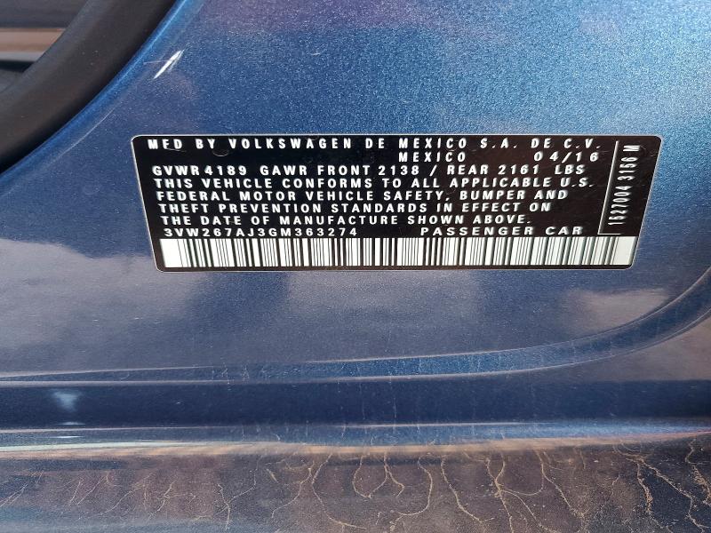 68261986 :رقم المزاد ، 3VW267AJ3GM363274 vin ، 2016 Volkswagen Jetta مزاد بيع