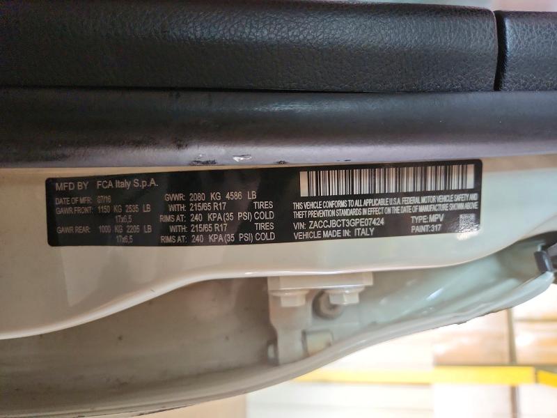 2016 Jeep Renegade მანქანა იყიდება აუქციონზე, vin: ZACCJBCT3GPE07424, აუქციონის ნომერი: 69250346