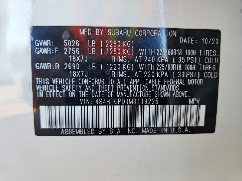 Aukcja sprzedaży 2021 Subaru Outback, vin: 4S4BTGPD1M3119225, numer aukcji: 68326986