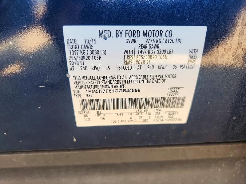67380026 :رقم المزاد ، 1FM5K7F81GGB44899 vin ، 2016 Ford Explorer مزاد بيع