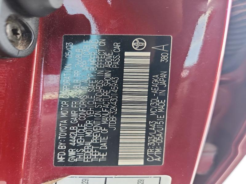 Aukcja sprzedaży 2003 Toyota Camry, vin: JTDBF32K430145943, numer aukcji: 66912356