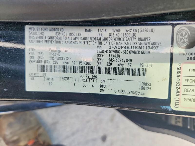 68197066 :رقم المزاد ، 3FADP4EJ1KM113497 vin ، 2019 Ford Fiesta مزاد بيع