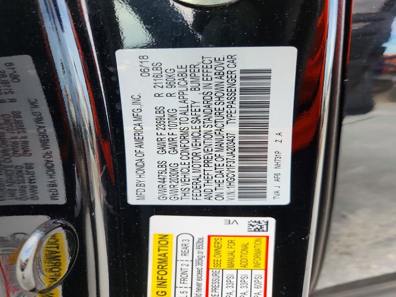 69892266 :رقم المزاد ، 1HGCV1F37JA203437 vin ، 2018 Honda Accord مزاد بيع