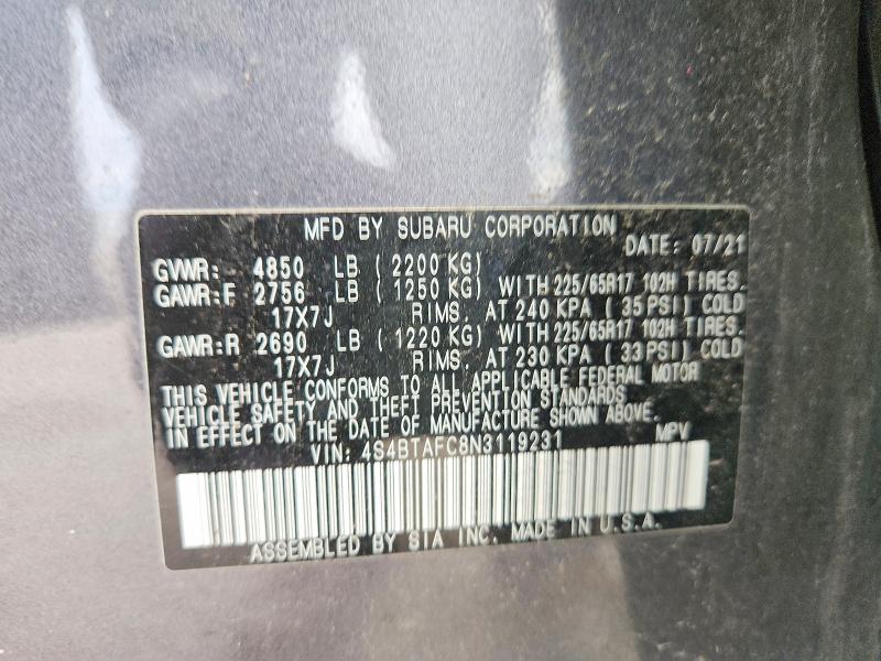 70563356 :رقم المزاد ، 4S4BTAFC8N3119231 vin ، 2022 Subaru Outback مزاد بيع