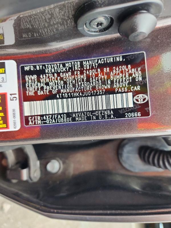 Продажа на аукционе авто 2018 Toyota Camry, vin: 4T1B11HK4JU017357, номер лота: 70483646