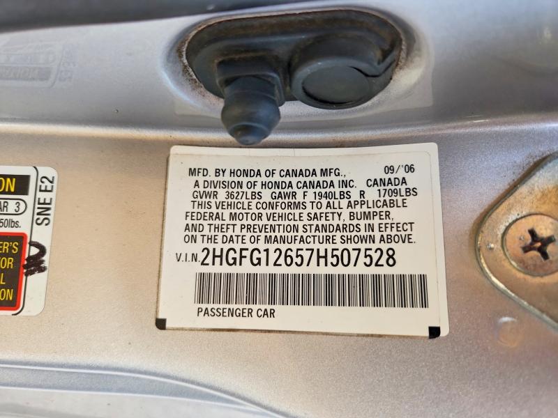 Aukcja sprzedaży 2007 Honda Civic, vin: 2HGFG12657H507528, numer aukcji: 69404476