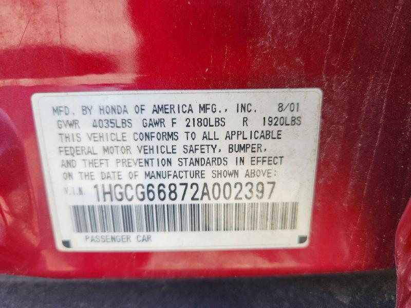 Aukcja sprzedaży 2002 Honda Accord, vin: 1HGCG66872A002397, numer aukcji: 69349456