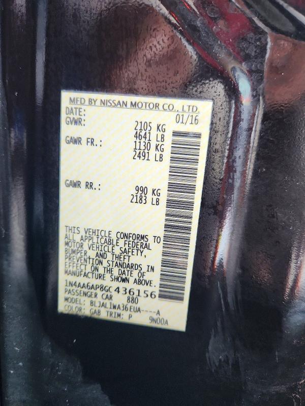 70273246 :رقم المزاد ، 1N4AA6AP8GC436156 vin ، 2016 Nissan Maxima مزاد بيع