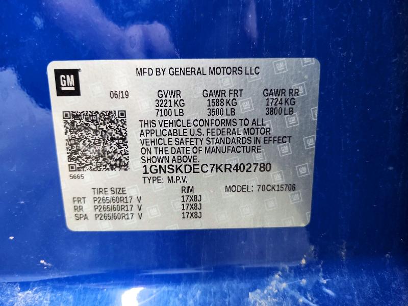 2019 Chevrolet Tahoe მანქანა იყიდება აუქციონზე, vin: 1GNSKDEC7KR402780, აუქციონის ნომერი: 67905626