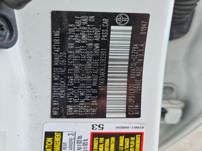 2020 Toyota Camry მანქანა იყიდება აუქციონზე, vin: 4T1K61AK8LU382901, აუქციონის ნომერი: 67726946