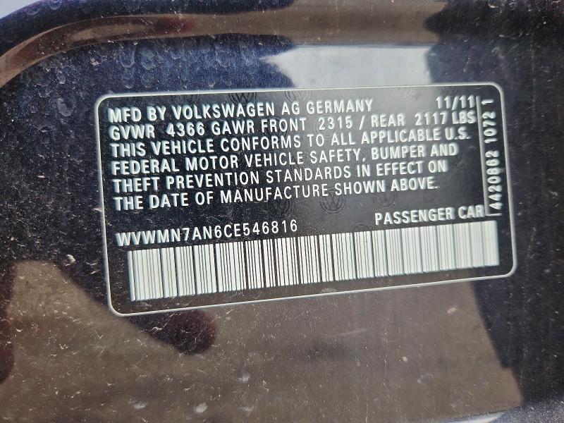 68228926 :رقم المزاد ، WVWMN7AN6CE546816 vin ، 2012 Volkswagen Cc مزاد بيع