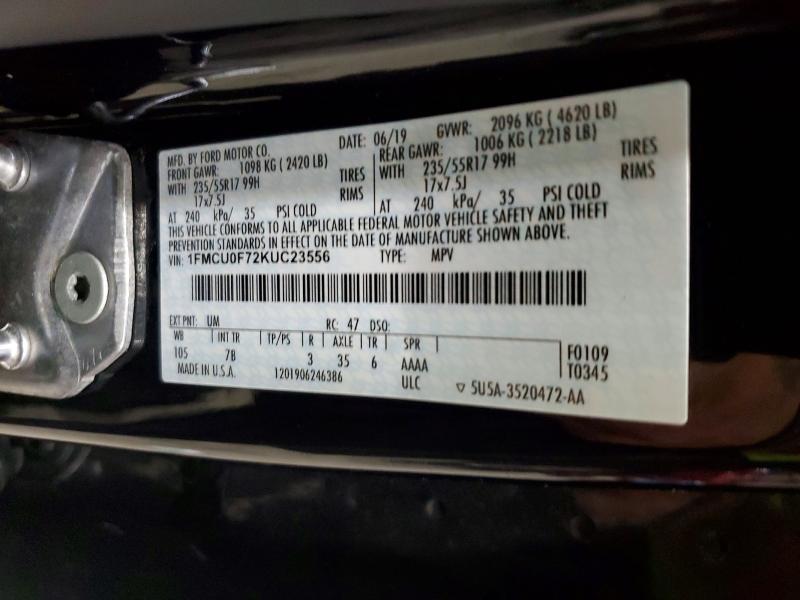 Aukcja sprzedaży 2019 Ford Escape, vin: 1FMCU0F72KUC23556, numer aukcji: 68154246