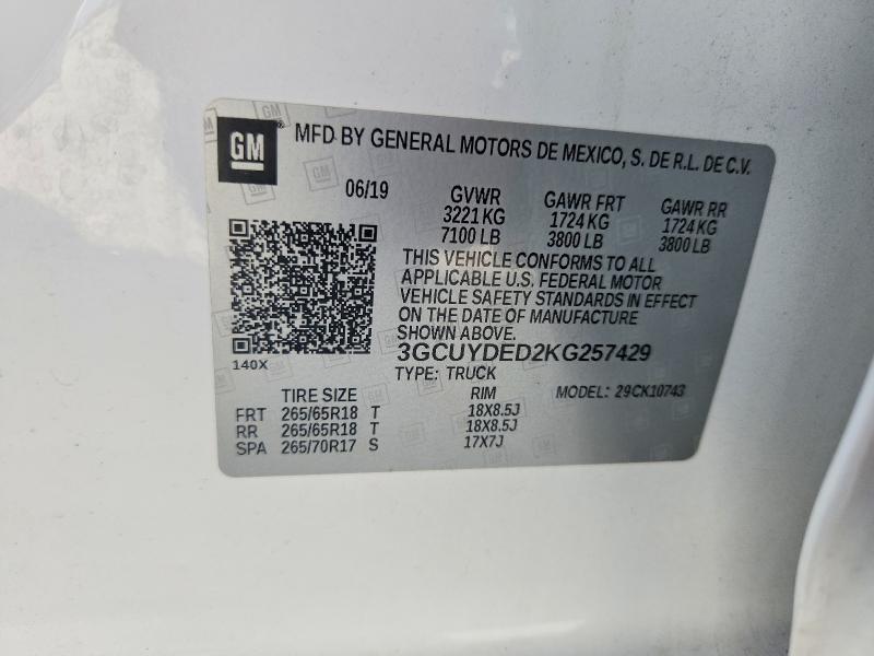 69957506 :رقم المزاد ، 3GCUYDED2KG257429 vin ، 2019 Chevrolet Silverado مزاد بيع