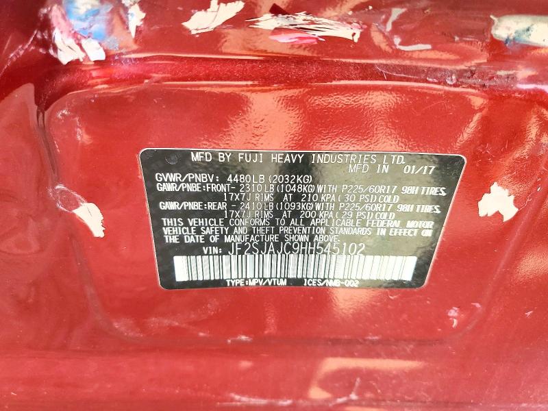 2017 Subaru Forester მანქანა იყიდება აუქციონზე, vin: JF2SJAJC9HH545102, აუქციონის ნომერი: 70128966