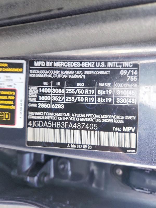 70618276 :رقم المزاد ، 4JGDA5HB3FA487405 vin ، 2015 Mercedes-benz Ml مزاد بيع