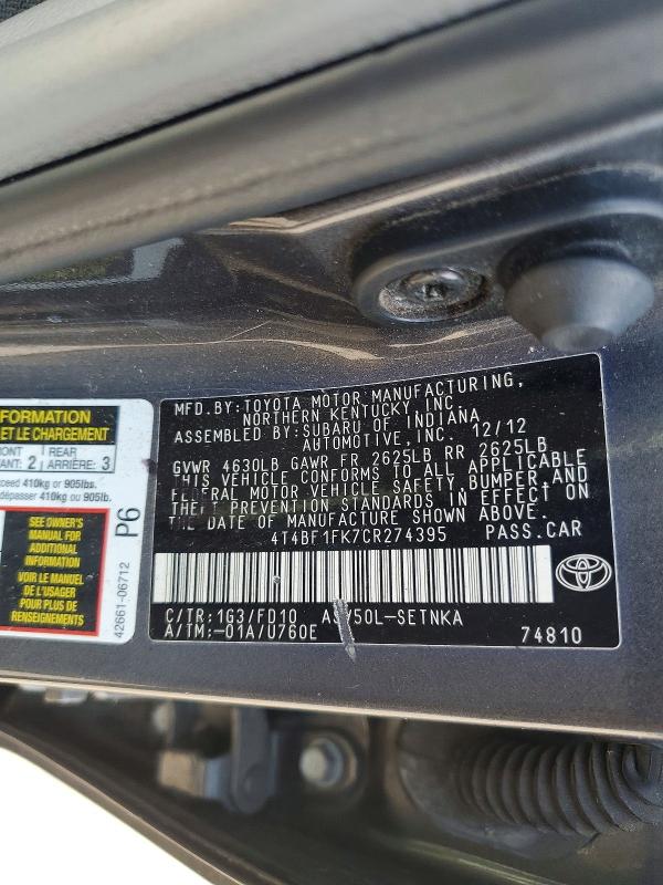 Продажа на аукционе авто 2012 Toyota Camry, vin: 4T4BF1FK7CR274395, номер лота: 69523866