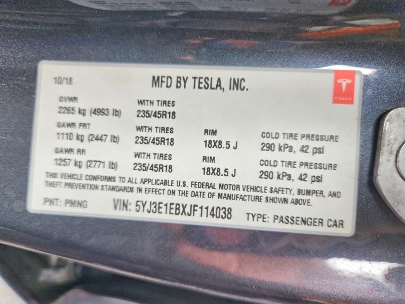 Aukcja sprzedaży 2018 Tesla Model 3, vin: 5YJ3E1EBXJF114038, numer aukcji: 66934256