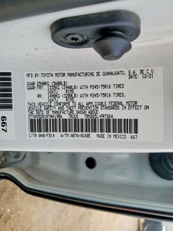 Продаж на аукціоні авто 2022 Toyota Tacoma, vin: 3TYAX5GN1NT041986, номер лоту: 68712936