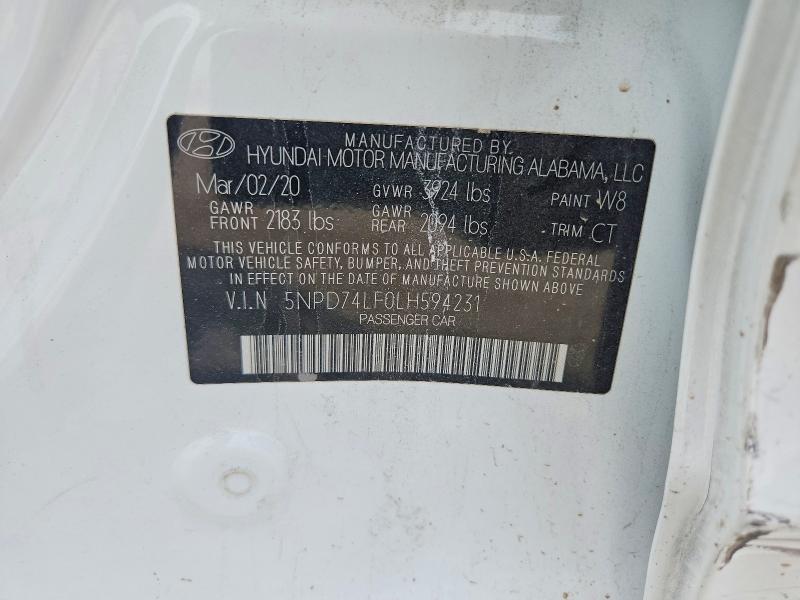 67900646 :رقم المزاد ، 5NPD74LF0LH594231 vin ، 2020 Hyundai Elantra مزاد بيع
