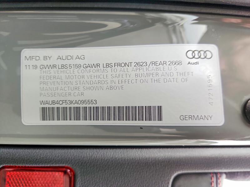 67999966 :رقم المزاد ، WAUB4CF53KA095553 vin ، 2019 Audi S5 مزاد بيع