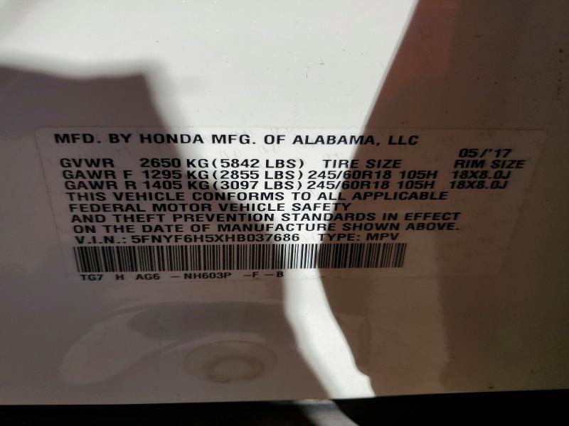 70029226 :رقم المزاد ، 5FNYF6H5XHB037686 vin ، 2017 Honda Pilot مزاد بيع