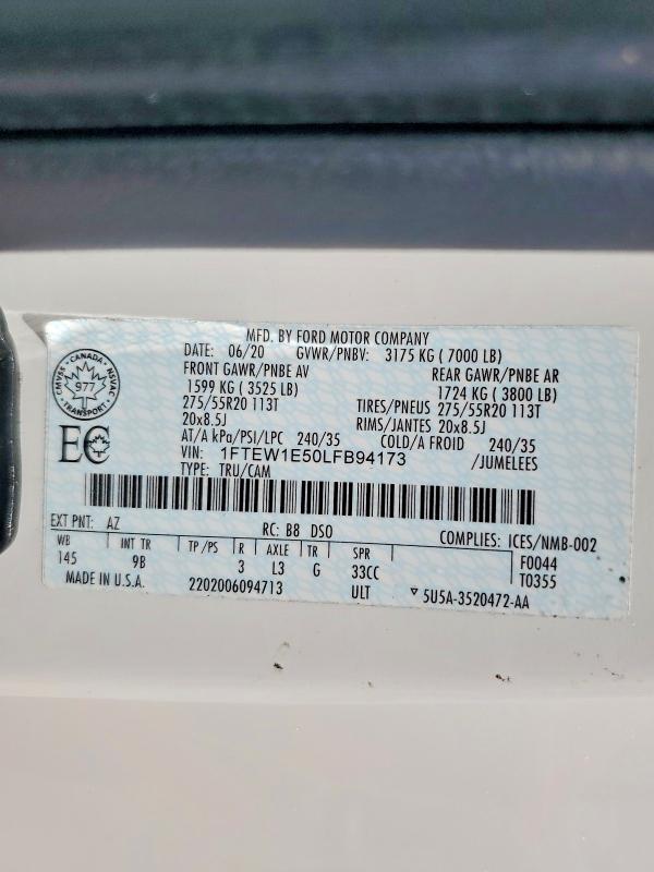 Продаж на аукціоні авто 2020 Ford F150, vin: 1FTEW1E50LFB94173, номер лоту: 67197056