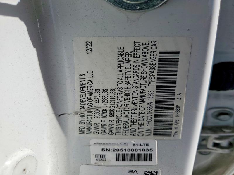 Продаж на аукціоні авто 2022 Honda Accord, vin: 1HGCV1F38NA116393, номер лоту: 67632656